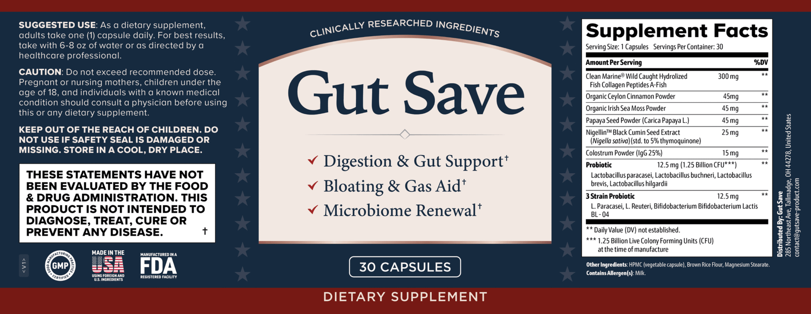 Gut Save Supplement Facts Label